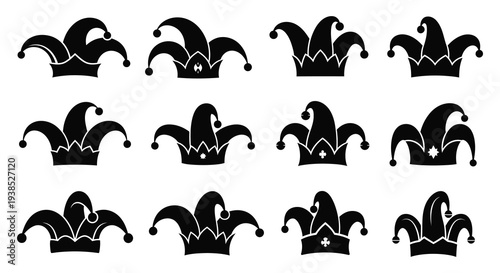 A collection of black jester hats with varying designs and small star accents high quality professional