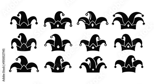 A collection of black jester hats with varying designs and perspectives arranged in a grid