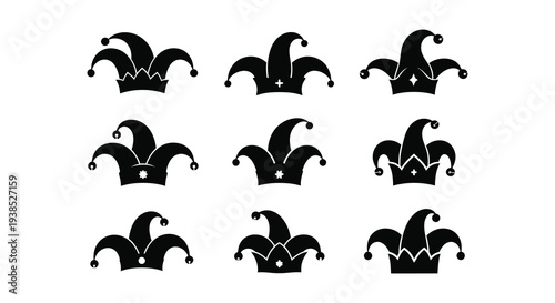 Nine black jester hats with varying designs are arranged in a three by three grid on a white background