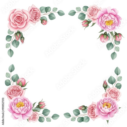 A floral frame with pink roses and green leaves