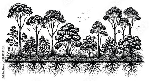 A detailed black and white illustration of a forest with various trees and flying birds