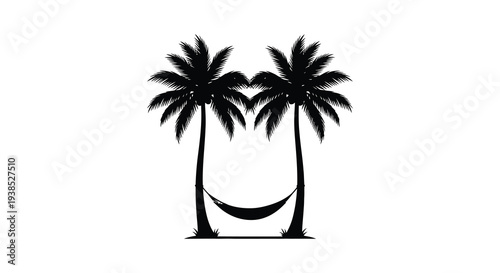 A minimalist black silhouette depicts two palm trees with a hanging hammock between them high quality