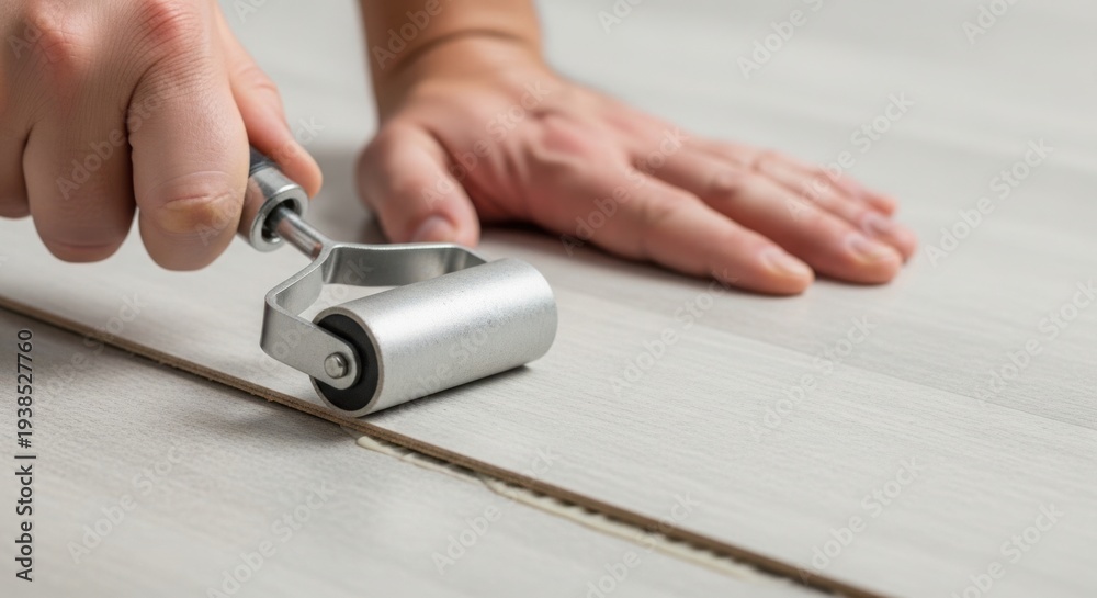 Fototapeta premium Worker hand pressing down new flooring material, performing floor repair with roller for smooth finish. Professional floor repair ensures proper installation, lasting quality for home surfaces.