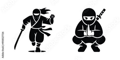 Black Ninja Warrior Silhouettes Vector, Fighting Pose with Katana and Crouching Ninja Meditation, Martial Arts Logo Set