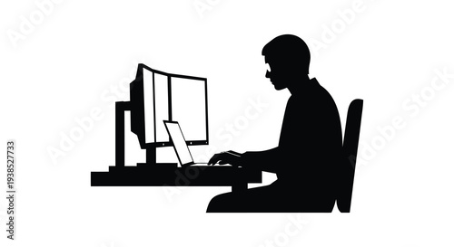 A silhouetted figure is seated at a desk intently using a computer and laptop high quality