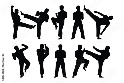Martial Arts Silhouettes Vector Set, Karate Kick and Pose Black Silhouette Collection