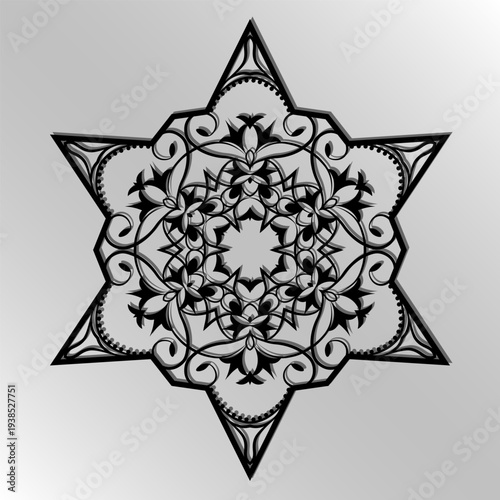 Cutting card. Laser cut  star vector panel. Cutout silhouette with star pattern. Filigree star pattern for paper cutting. hexagonal star. black