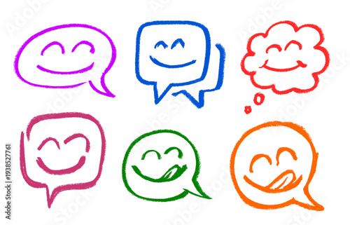 Smiley Faces in Speech Bubble Dialogue Boxes Crayon Chalk Drawing Vector Set