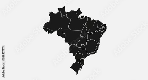 Black Silhouette Map of Brazil with State Borders on White Background