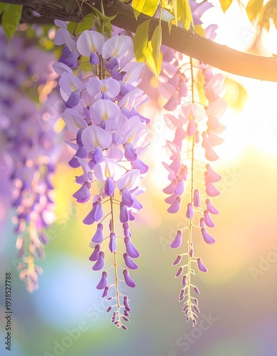 delicate wisteria flowers hanging from above,_soft spring sunlight,_shallow depth 