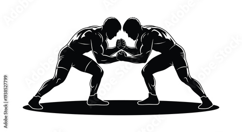 Two muscular men engage in an intense arm wrestling match depicted in a stark black silhouette