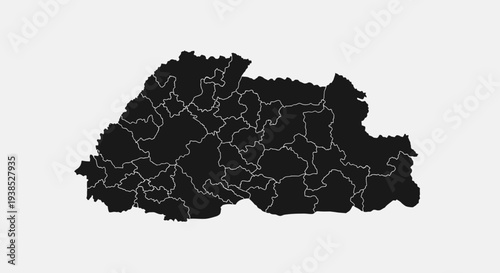 Bhutan Map Outline with Districts - Black Silhouette on White Background