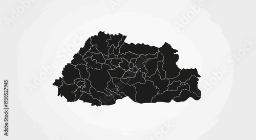 Bhutan Map Silhouette with Administrative Divisions, Black and White