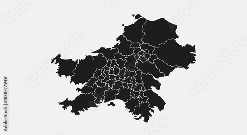 Black Map Outline of a City with Internal Divisions on White Background