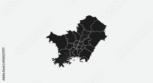 Black Silhouette Map of a City with Administrative Divisions on White Background