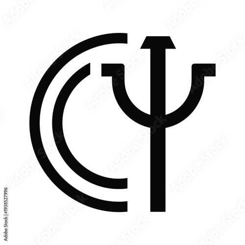 Abstract Black and White Minimalist Logo Design Featuring Letter C and Psi Trident Symbol