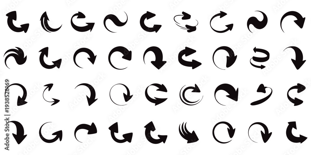 Naklejka premium Large Collection of Black Curved Arrow Icons and Directional Vector Pointers for User Interface and Graphic Design 