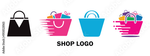 Modern E-commerce Shopping Bag Logos and Fast Delivery Icon Set for Online Retail Business
