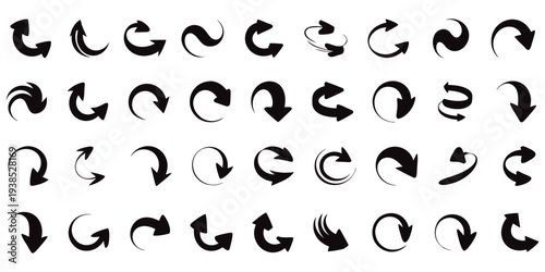 Large Collection of Black Curved Arrow Icons and Directional Vector Pointers for User Interface and Graphic Design
