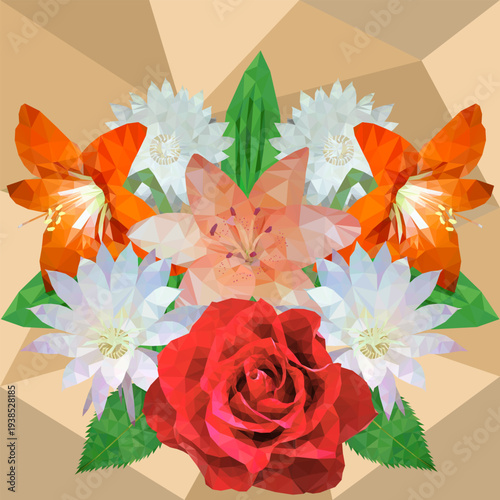 bouquet of flowers, rose, lily, cactus flower, hippeastrum, vector, triangulation
