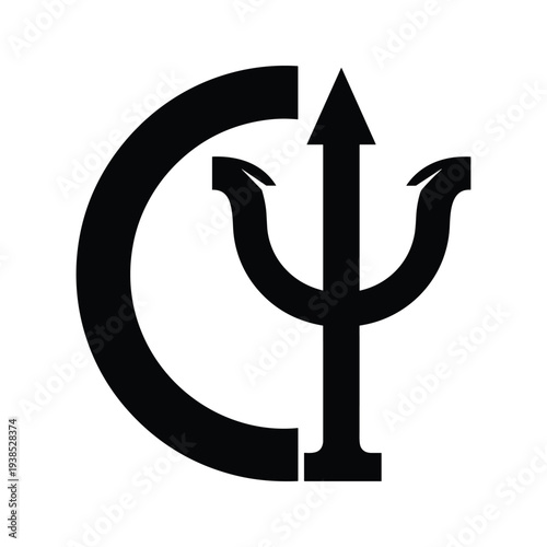 Minimalist Black and White Graphic Logo Design with Trident and C-Shape Abstract Icon