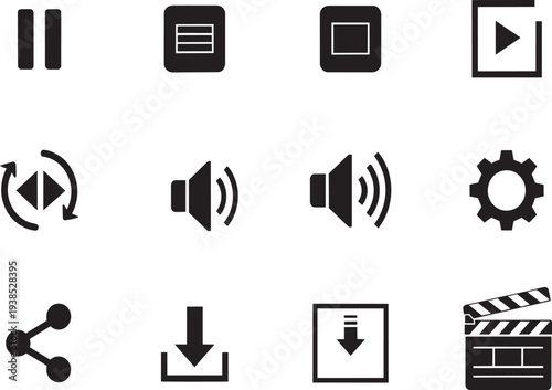Black and white media control and playback icons set