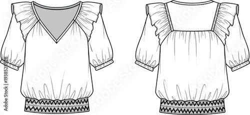 Women's V-Neck Ruffle Shoulder Puff Sleeve Blouse Technical Flat Sketch with Smocked Hem and Back Square Yoke Detail Vector Illustration