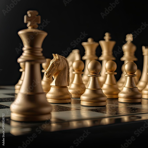 Golden chess pieces on a board in strategic formation