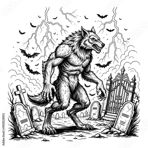 Spooky Werewolf Transformation in a Haunted Graveyard Under a Lightning Storm with Bats Flying