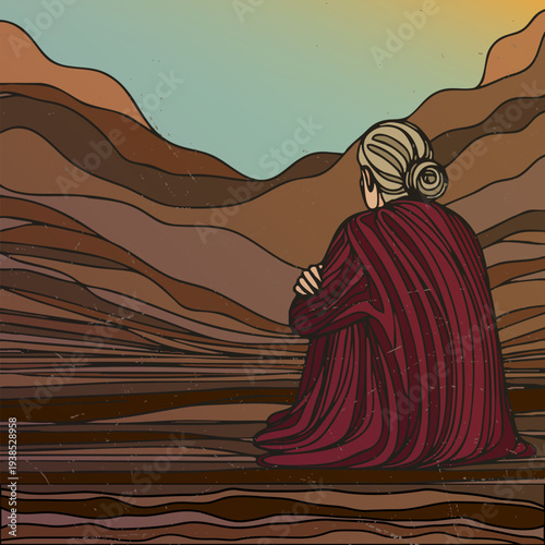 Lonely Woman Watching Desert Sunset Vector Illustration