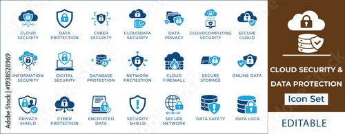 Cloud security and data protection icon set featuring encrypted data, network security, database privacy, secure cloud computing, firewall, and digital information safety symbols.