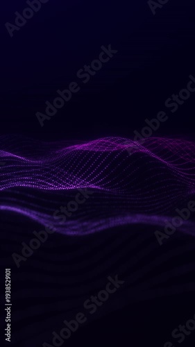 Glowing purple particle wave landscape with flowing dotted grid structure and neon digital light, abstract futuristic technology background representing data movement and virtual signal energy