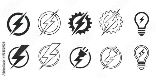 Collection of electric icons featuring lightning bolts and lightbulbs for creative projects