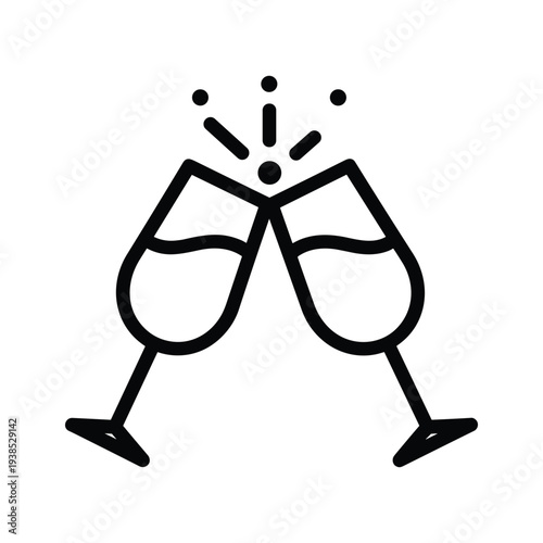 Champagne Flutes Clinking Icon - Minimalist Black and White Line Art Toast Vector for Celebrations