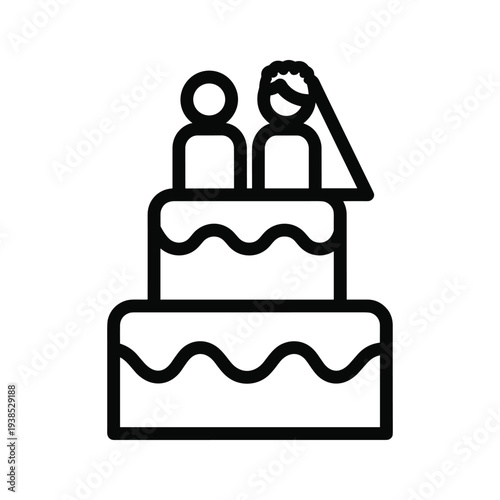 Wedding Cake Icon with Bride and Groom Topper Line Art Illustration