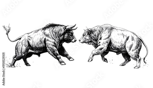 Two muscular bulls facing each other, sketched in black and white, ready for a battle of strength