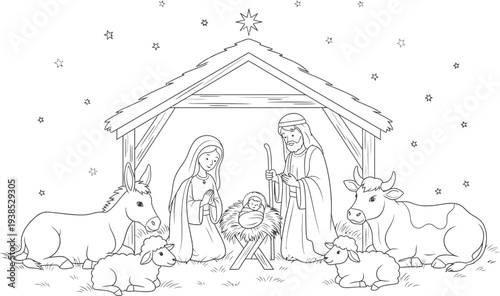 A black and white line drawing of a nativity scene isolated on transparent background