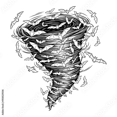 Dynamic Illustration of a Powerful Witch Summoning a Swirling Vortex of Bats, Embodying Dark Magic and Halloween Concepts for Fantasy Themes