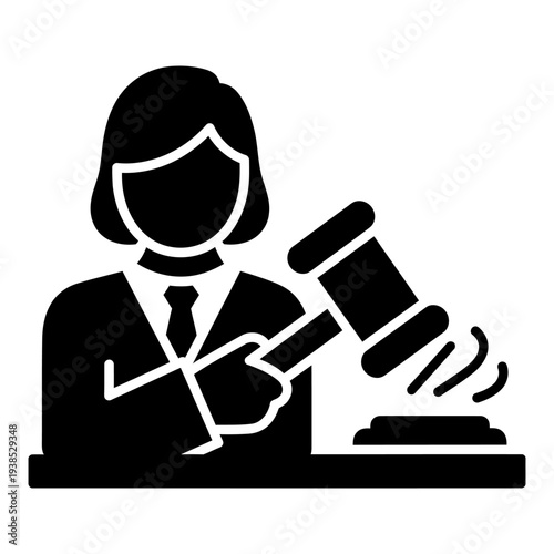 Female judge icon striking gavel for law and justice concept flat black silhouette vector