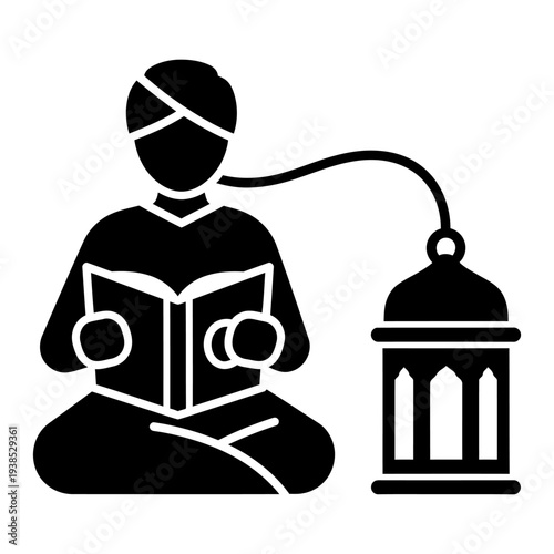 Muslim Man Reading Quran with Ramadan Lantern Icon, Islamic Religious Study and Prayer Concept