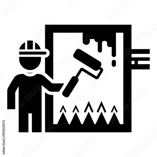 Professional painter icon painting a wall with a roller for home renovation and construction services minimalist black and white vector illustration