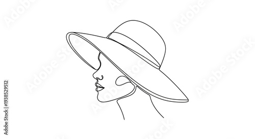 Woman Profile Wearing Wide-brimmed Hat, Minimalist Continuous Line Art, Isolated on White
