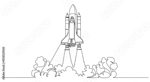 Space Shuttle Launching into Orbit with Flames and Smoke, Isolated on White, Line Art