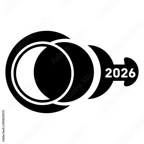 Solar eclipse 2026 progression graphic icon for celestial event in minimalist black and white design