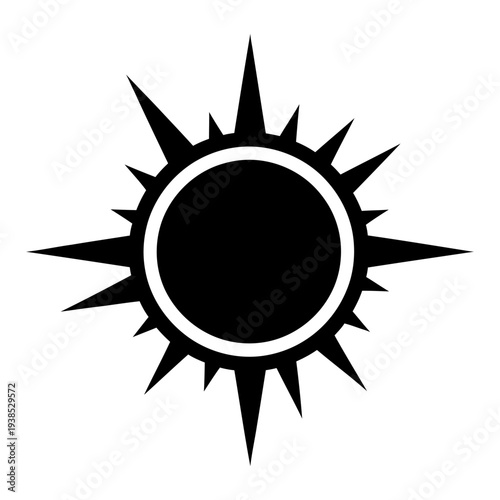 Black sun icon with sharp rays isolated on white background minimalist vector illustration