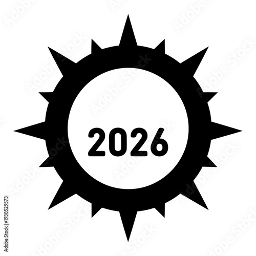 2026 year number inside a spiked circular frame minimalist black and white graphic icon