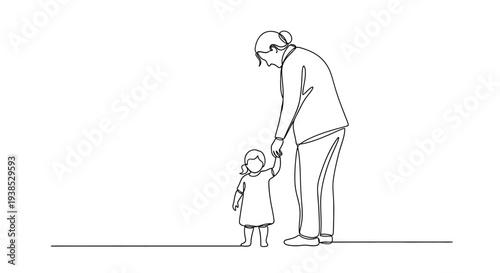 Father Holding Hand of Little Girl Line Art Illustration