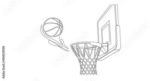 Basketball Going Through Hoop Net During Shot, Line Art Illustration, Isolated on White