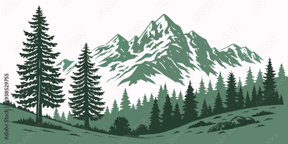 Fototapeta premium Majestic mountain range with lush green trees under a clear blue sky Vector