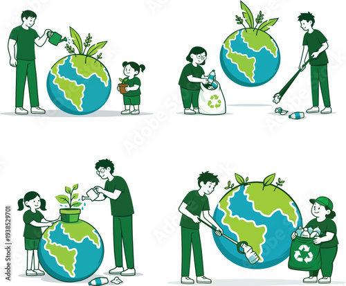 People Caring for Earth by Planting Trees and Recycling for Earth Day Environment Concept
